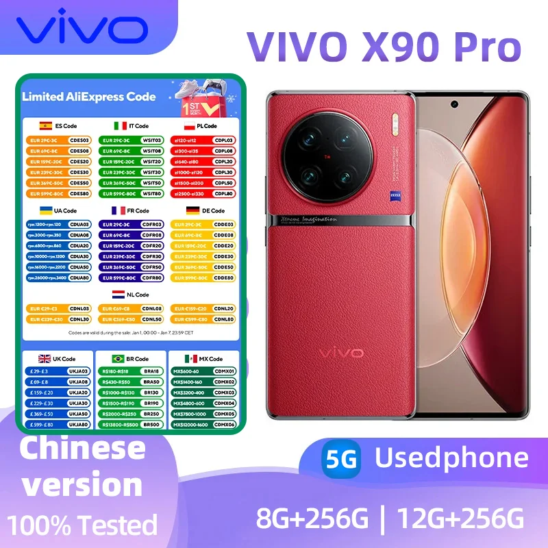 Vivo X90 Pro 5G Mobile Phone Android Dimensity9200 6.78 inches Screen ROM 256GB 120HZ 50.0MP Camera IP68 NFC 4870mAh  used phone