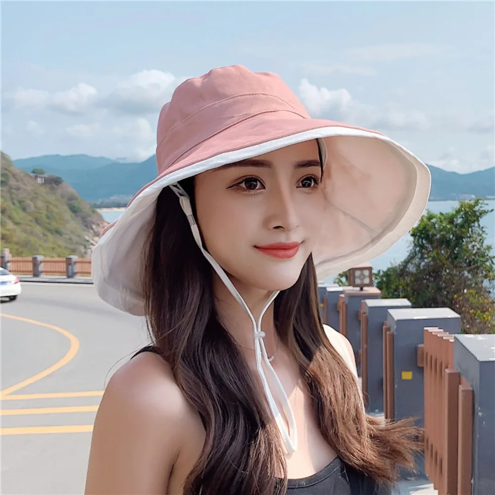 

Broad-edged Double-sided Wear Fisherman's Hat Soft Foldable Women Sun Hat Versatile Removable Windproof Rope Women Sun Cap Beach