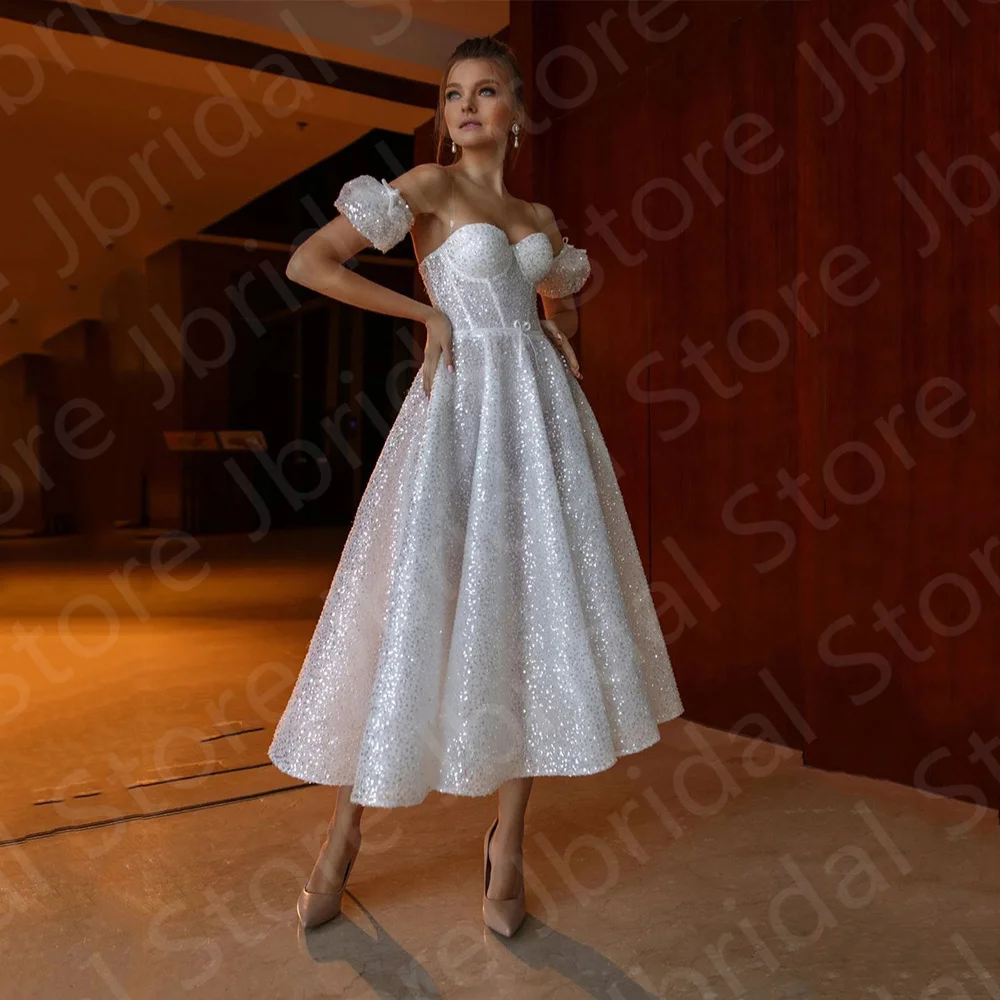 

Modern Sparkling Short Wedding Dresses Detachable Sleeves Bridal Gowns Mid Calf Length Bride Sweetheart Sequined