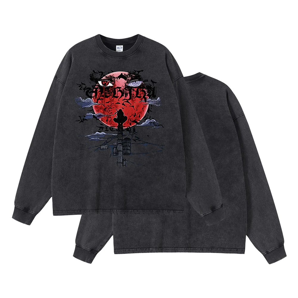 

Dark Anime Moon Print Oversized T-shirt Men Ripped Frayed Goth Long Sleeve Graphic T Shirts High Quality Cotton New In Tops Tees