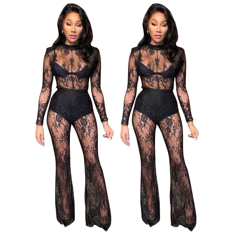 Summer Women Fashion Lace Hollow Out Bodysuit Pants Sets Slim Onesies Flare Pants Versatile Women\'s Chic Long Leggings