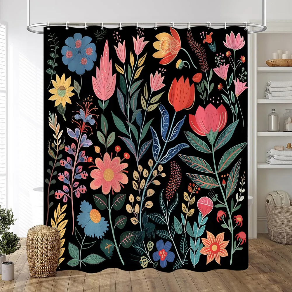 Black Background On Colourful Flowers Shower Curtain Vintage Style Artistic Creativity Print Fabric Bath Curtains Bathroom Decor