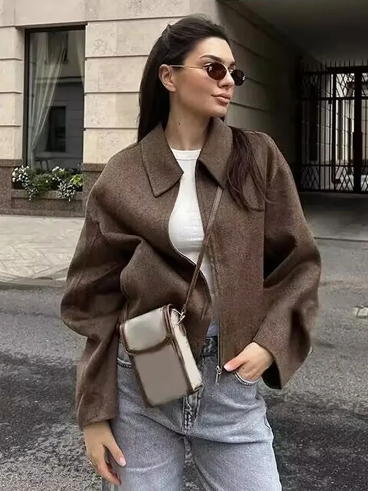 

HH женская новая весенняя уличная верхняя одежда, однотонная модная твидовая куртка с длинными рукавами и лацканами на молнии, повседневные пальто