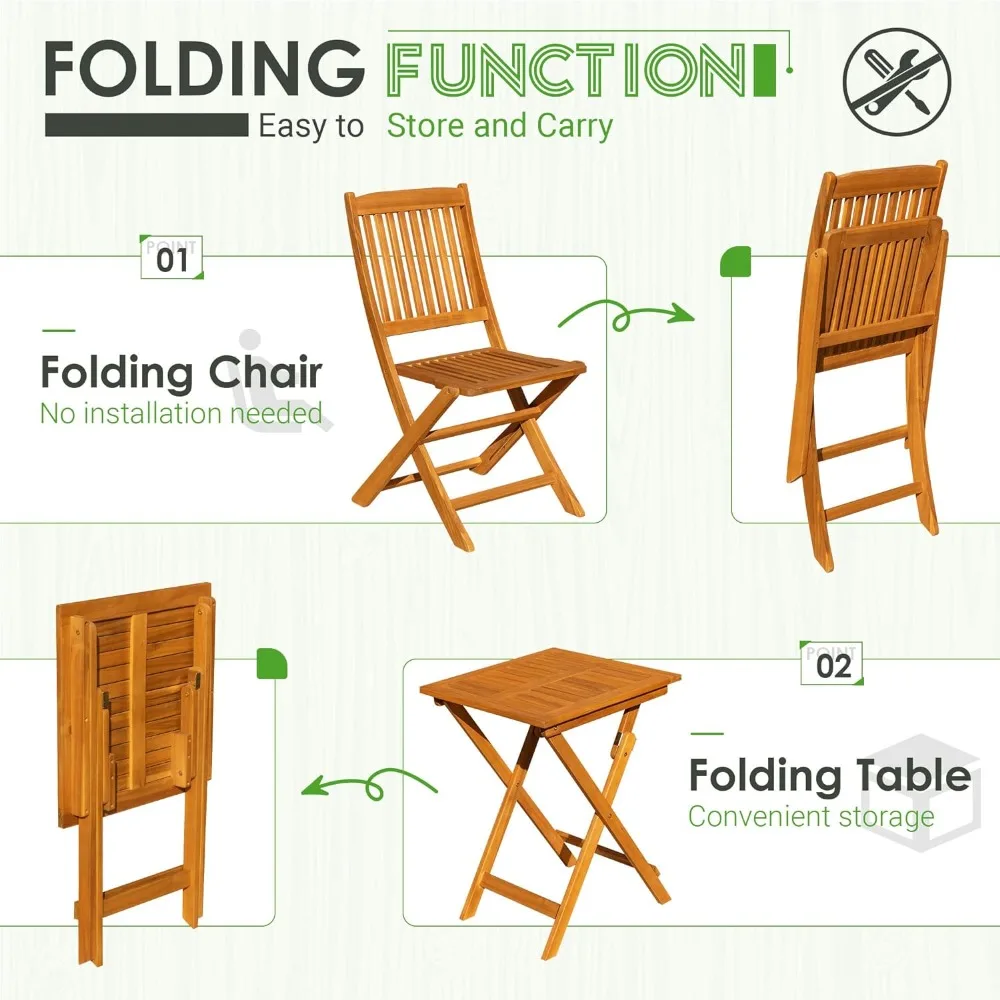 3-Piece Pátio Folding Bistro Set com 2 Almofadas, Acacia Wood Almofadas, Piscina, Praia, Quintal, Varanda, Alpendre, Deck, Jardim