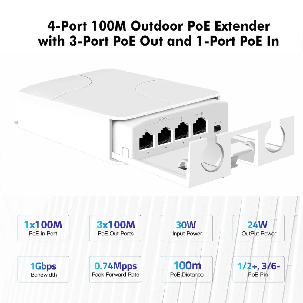 4 Port IP55 Waterproof PoE Repeater 100Mbps 1 to 3 Network Switch outdoor PoE Extender for IP Camera