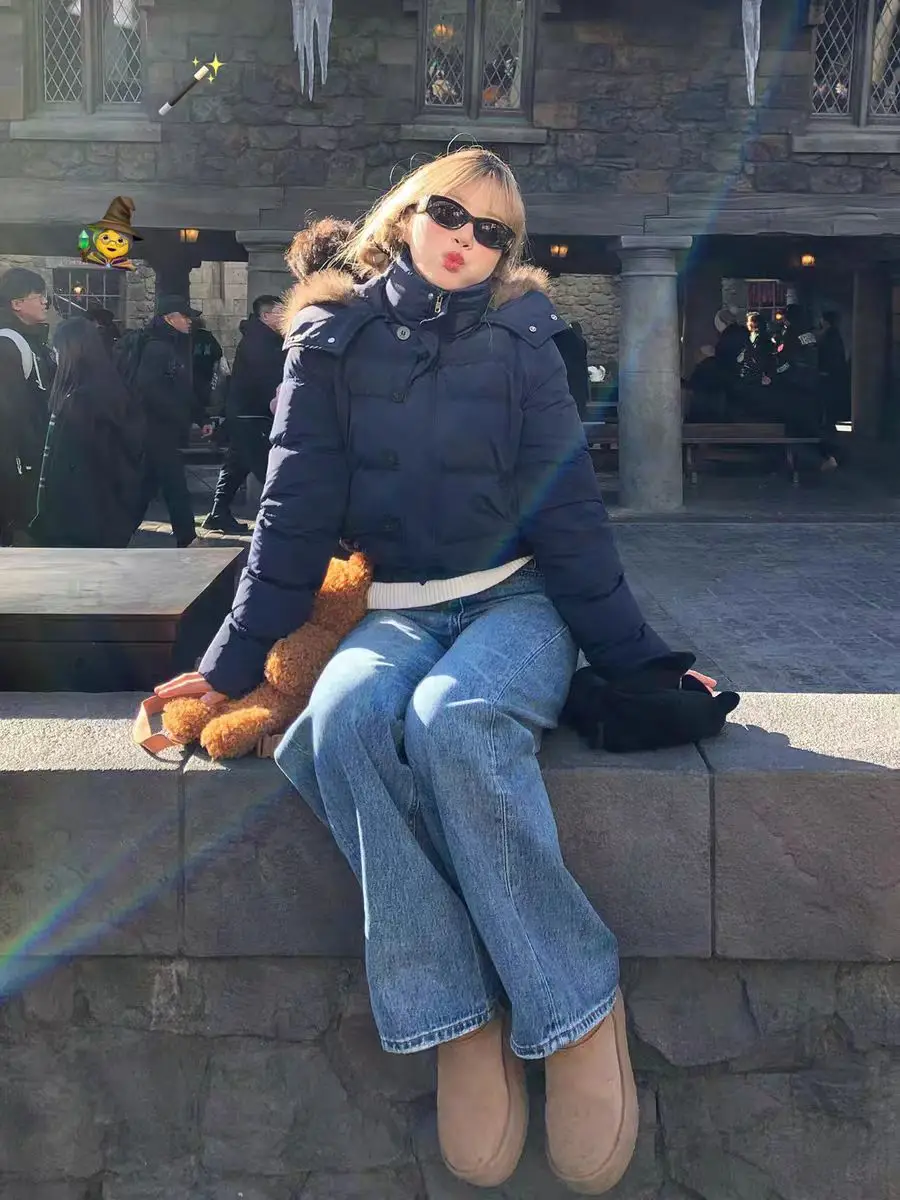 الشتاء المرأة أسفل سترة الأزرق الداكن المألوف فضفاض عارضة مقنعين سترة قطن الكورية نمط الفراء طوق معطف سميك جديد