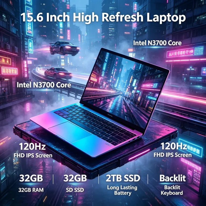 Cost-effective Latest 15.6" Laptop N3700 Processor 120Hz FHD IPS 32GB Large RAM 2TB SSD Big Battery Backlit Keyboard