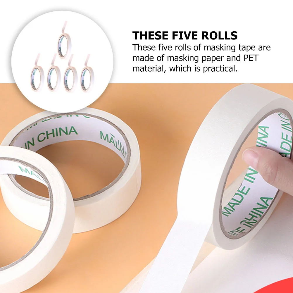 

5 Rolls Masking Tape White DIY Painter Tape Easy Peel Removable for Artwork Crafts Kids Classroom Art Supplies