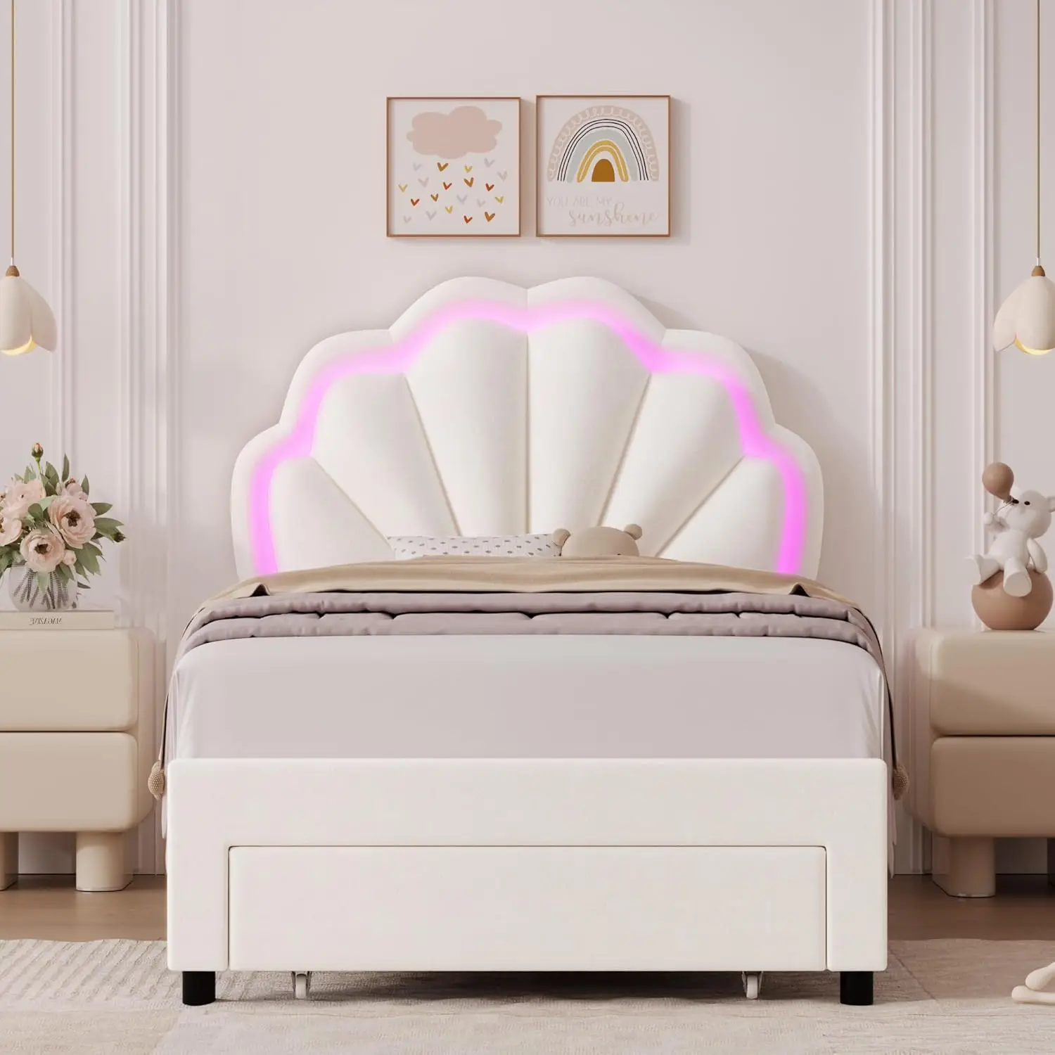 Marco de cama LED inteligente tapizado doble con cajón de almacenamiento y cabecero de doble pétalo elegante ajustable, cama de plataforma Princess para G