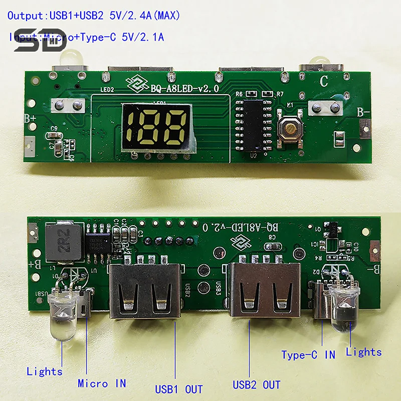 1Pcs 5V 2A Digital Display Power Bank Circuit Strip Module TYPE-C Micro USB A8188 Mobile Power Lithium Battery Charging Board