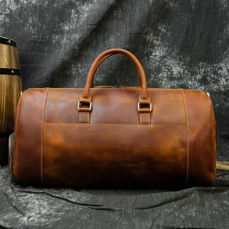 Men's Crazy Horse Leather Duffle Bag with Shoe Compartment Large Capacity Genuine Leather Travel Handbag Gym Weekend Luggage Bag