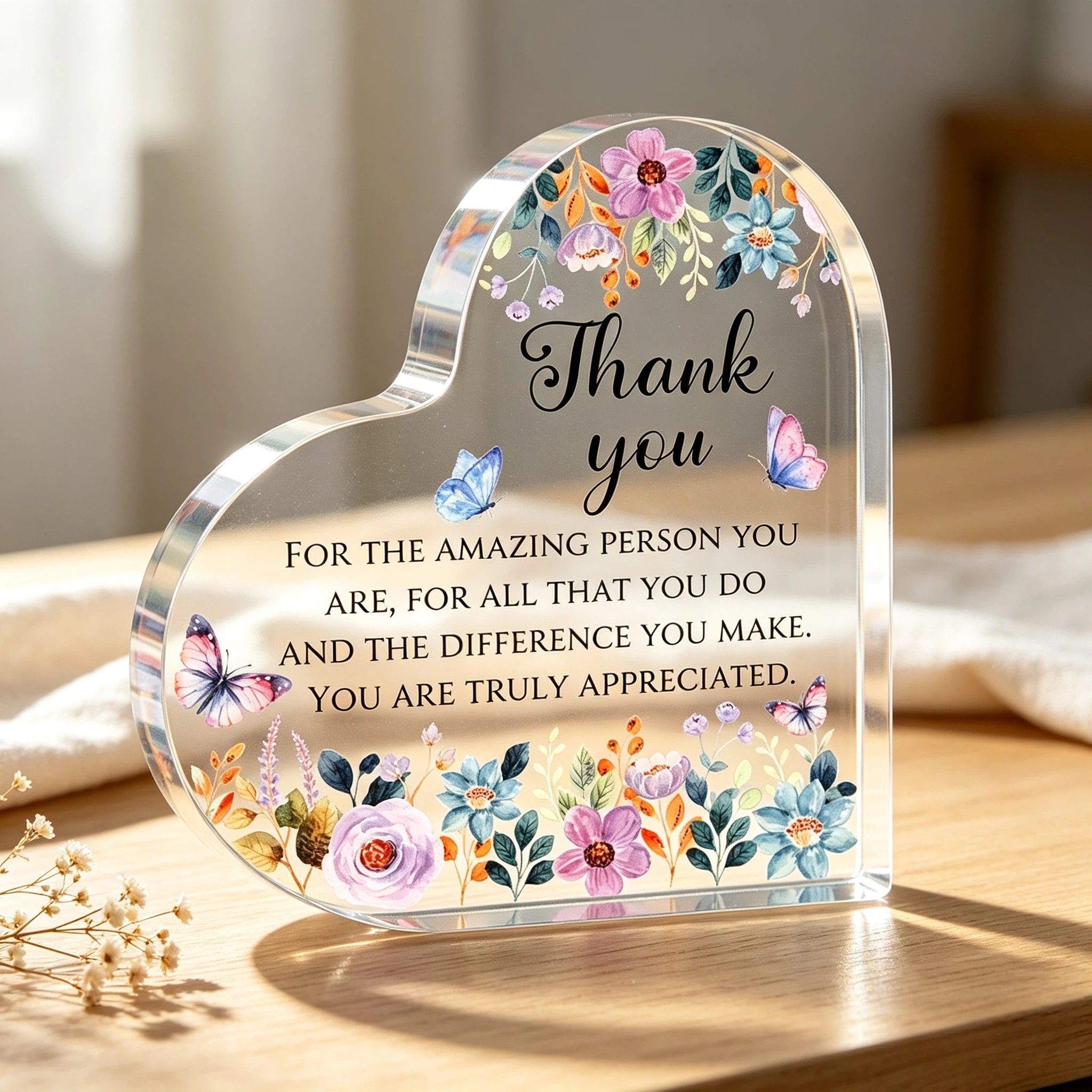 Printing Customizable, Butterfly Flower Teacher Plaque - Thank You Gift & Heart-Shaped Desktop Decor - Acrylic Desktop Ornament, Four Seasons Decoration, Novelty Home Decor, Perfect Durable for Bedroom, Store, Office, Kitchen