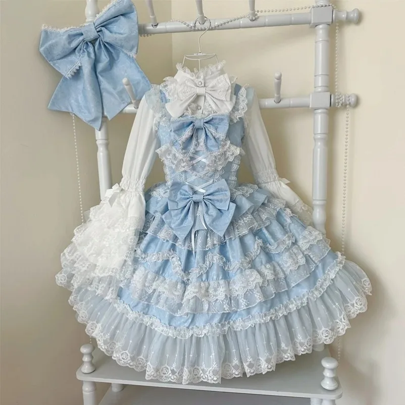 Sweet Lolita Jsk Dress Women Kawaii Cute Lace Victorian Ruffles Flower Wedding Bow Dress Japanese Vintage Elegant Princess Dress - view 6