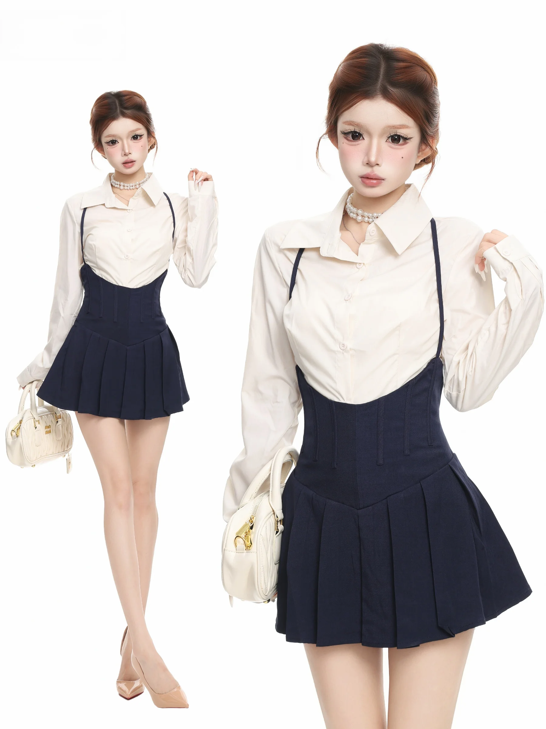 BASTERDS Korean College Style Women's Long Sleeve Shirt Waist Cinching Slimming Short Skirt Two Piece Set Autumn Fashion