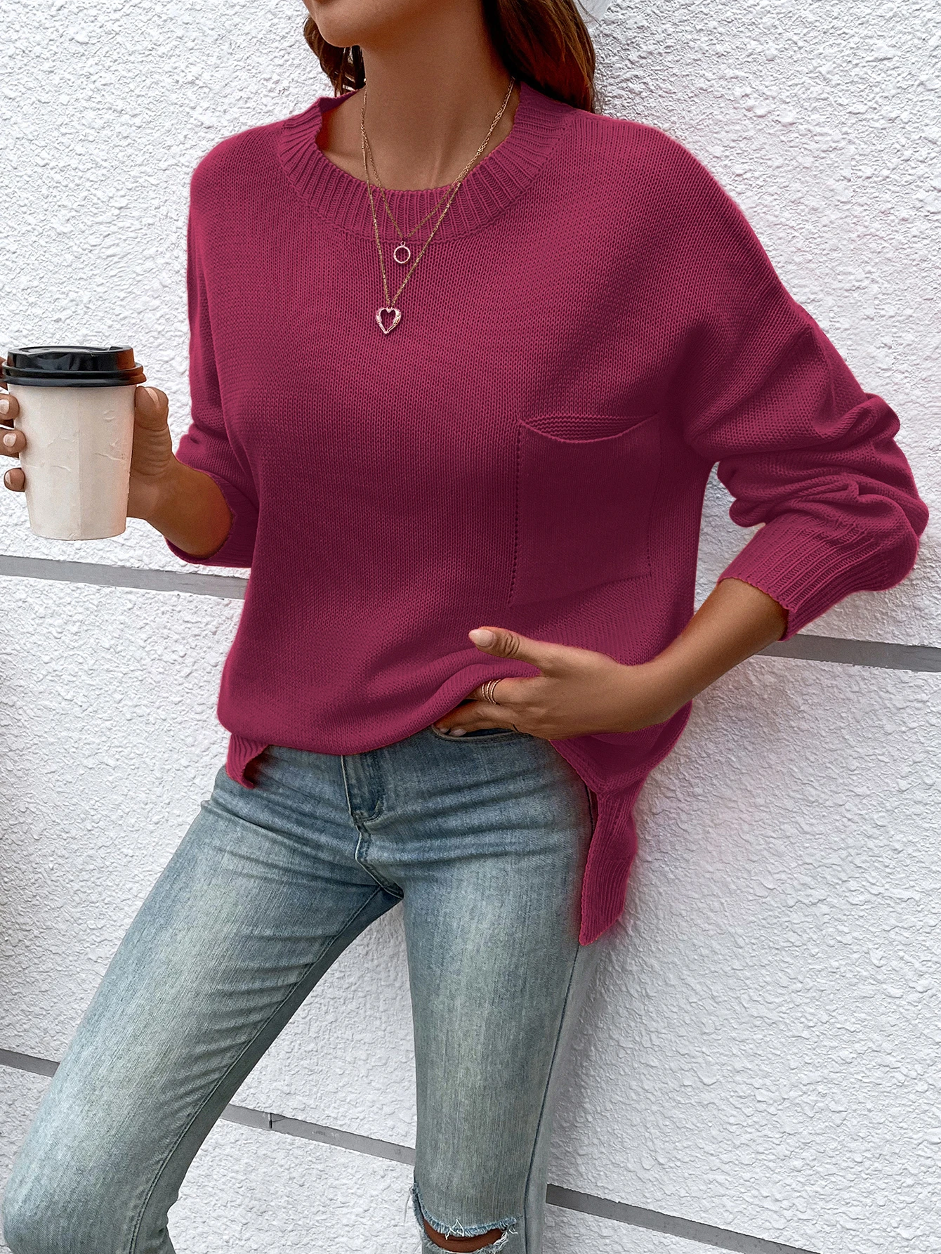 Round neck long sleeve solid color sweater loose lazy style high neck solid color loose pullover woman