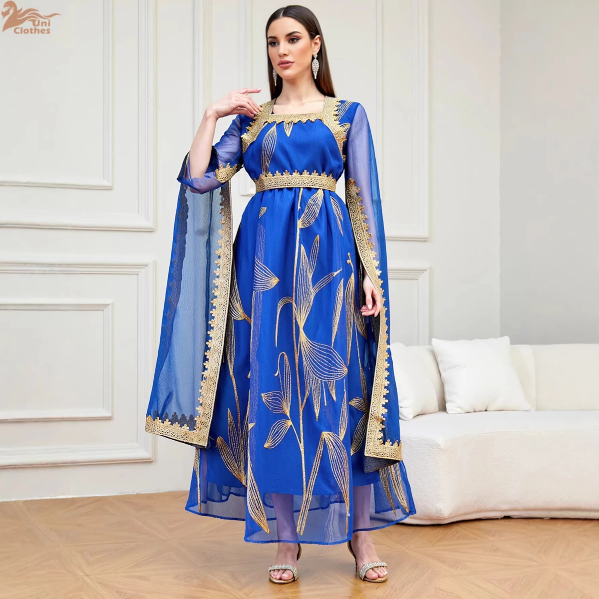 

Uni Fashion Gold Stamping Abayas Dubai Lace Tape Mesh Super Full Sleeves Caftan Muslim Elegant Women Evening Dress Abaya