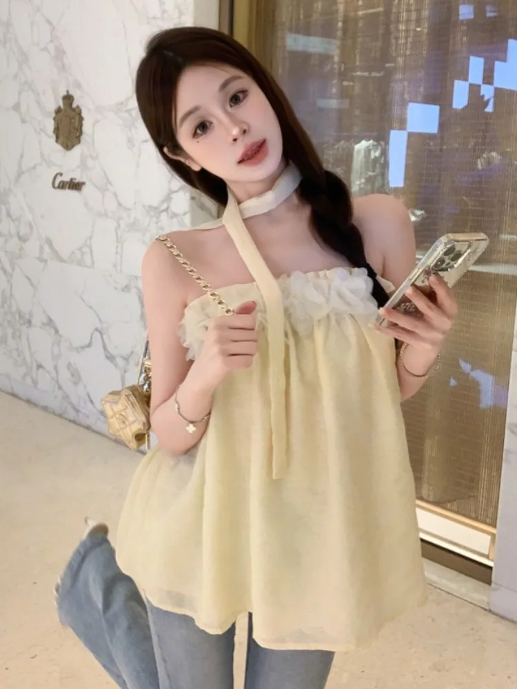 

Chic Summer Sweet Style Ruffle Trim One-Shoulder Atmosphere Sensation Top Women's Fashion Pure Desire Strapless Blouse