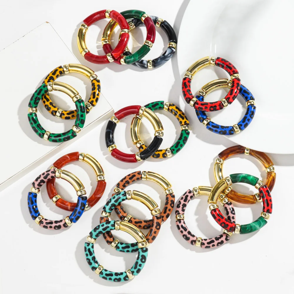 Leopard Colorful Bamboo Curved Tube Bracelets for Women Men Punk Resin Thick Beaded Elastic Stackable Bangles Retro Jewelry Gift