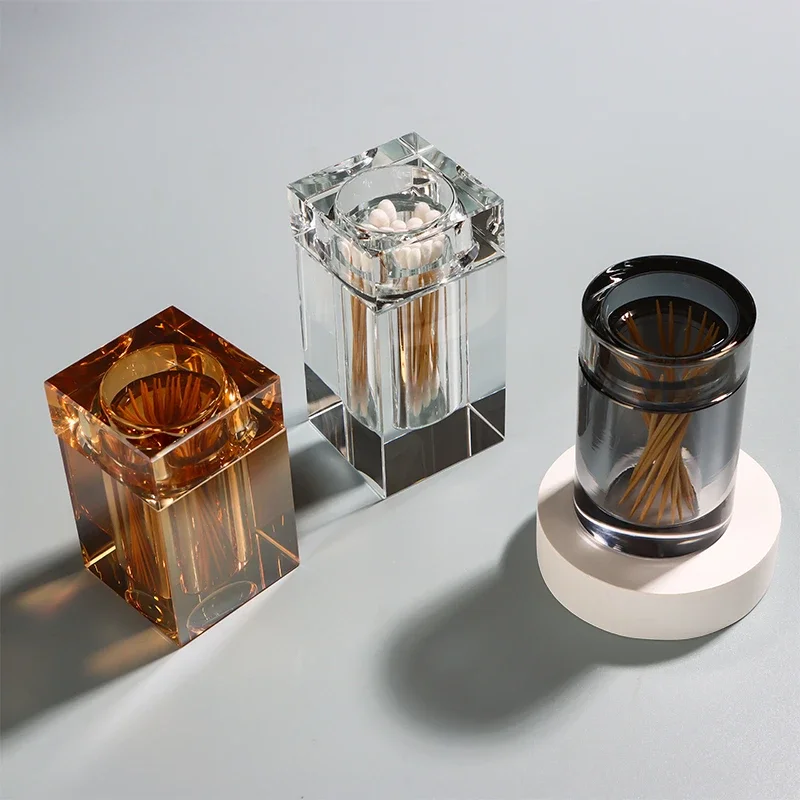 

Amber Clear Glass Toothpick Box Square Crystal Glass Toothpick Holder with Lid Simple Home Cotton Swab Box Hotel Storage Jar