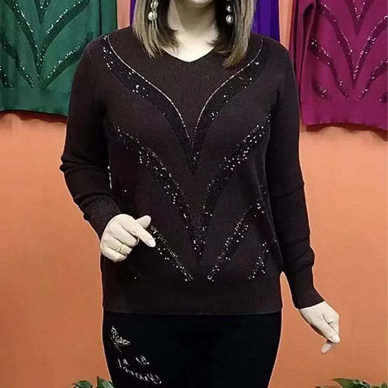 Camiseta de punto con corte de onda de diamantes elegantes para mujer, cuello en V informal, ropa de manga larga, jerséis sueltos de Color sólido,