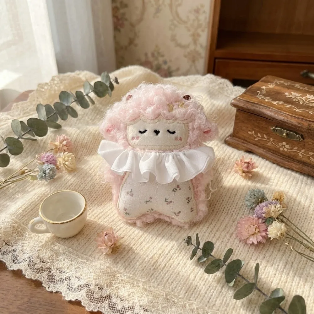 Zodiac Goat Curly-Haired Sheep Keychain Bag Charm Soft Stuffed Plush Sheep Doll Pendant Floral Ruffle Collar