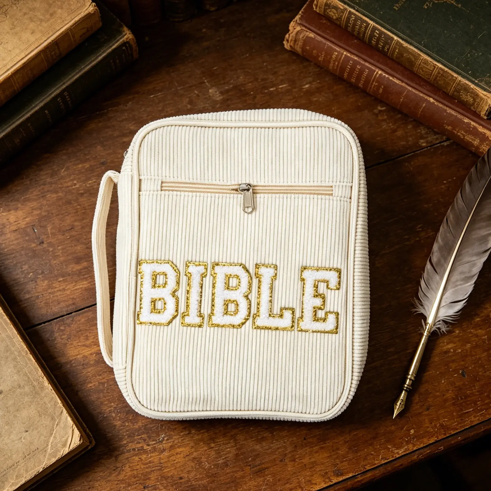 Bible Carrying Case Beige Thickened Fabric Zipper Church Bag Pen Slots Scriptures Organizer Tote Protective Sleeve