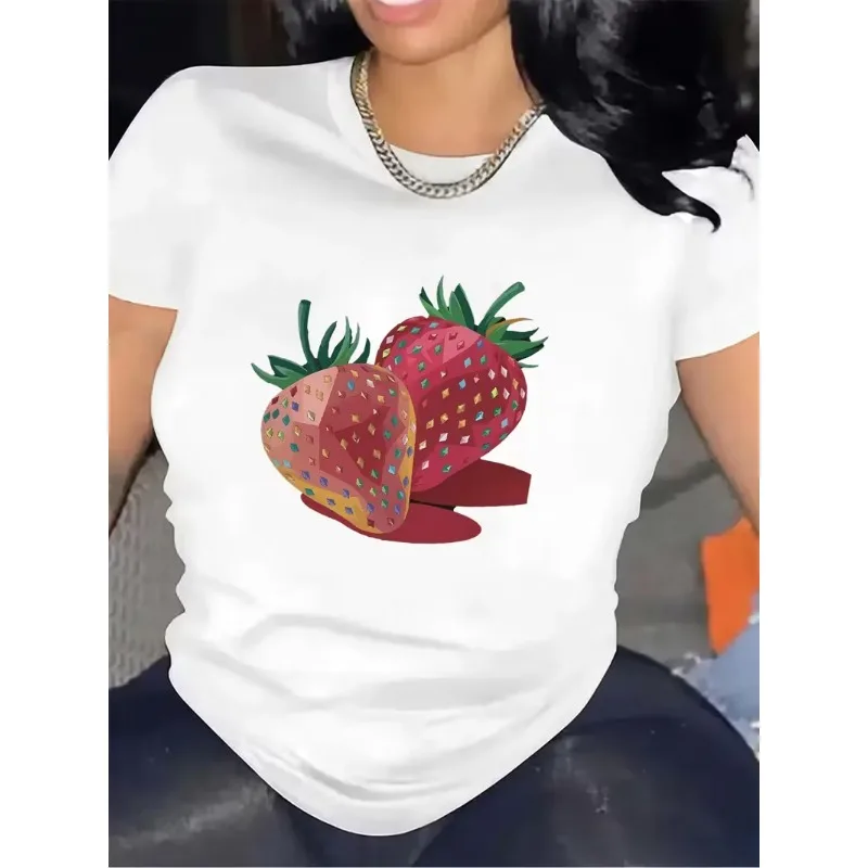 Geometric Colorful Strawberry Print Women's T-Shirt Casual Crew Neck Short Sleeve Modern Abstract Fruit Art Top for Summer