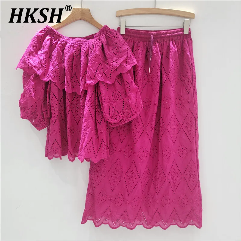 

HKSH Summer New Women Tide Chic High Street Hollow Out Off-Shoulder Top Elastic Waist Slimming Skirt Casual Two-Piece Set HK5889