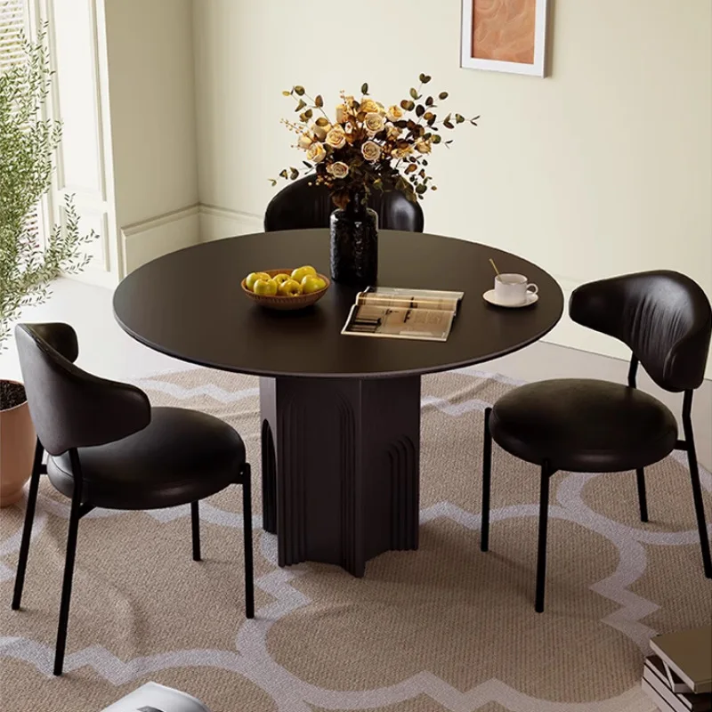 Medieval style solid wood dining table French retro black designer creative round table household small apartment simple