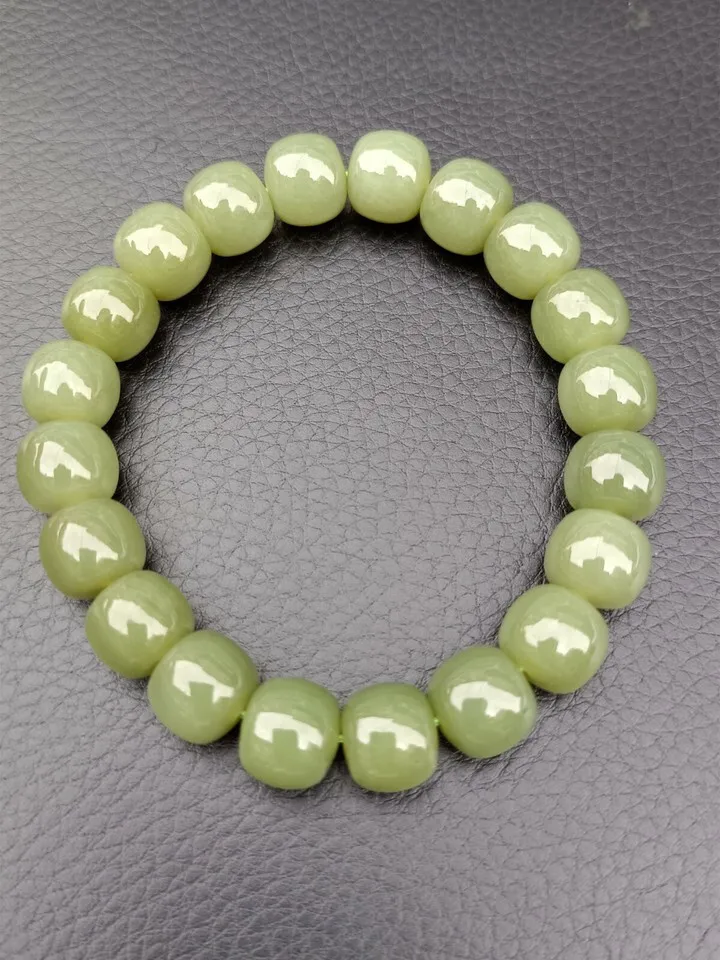 True Hetian Jade Bracelets Green Jade Hand Strings Bead 9*10mm+Certificate+Box