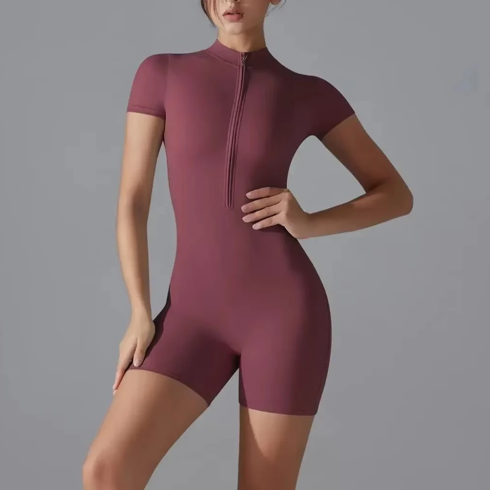 MIMl Summer Zipper Short Sleeve Shorts Yoga Suit Dance Fitness Tight Sports One-Piece Suit for Yoga Gym One Pieces Set Women