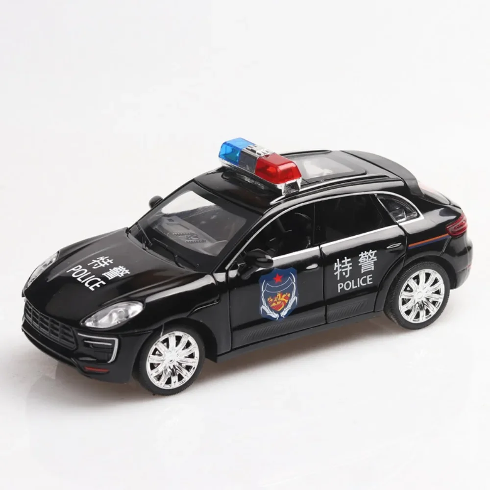 Maßstab 1:32 Porsche Macan Polizeiauto-Spielzeugmodell, 6 Türen geöffnet, Ton, Licht, zurückziehbar, Legierungskörper, Gummireifen, SUV-Modelle, Kindergeschenke