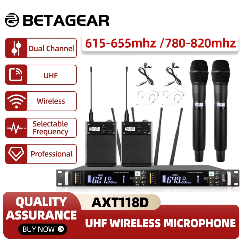 Betagear-Professional Dual Channel UHF Sistema de microfone sem fio, AXT118D, fone de ouvido, microfone lapela, Stage Performance
