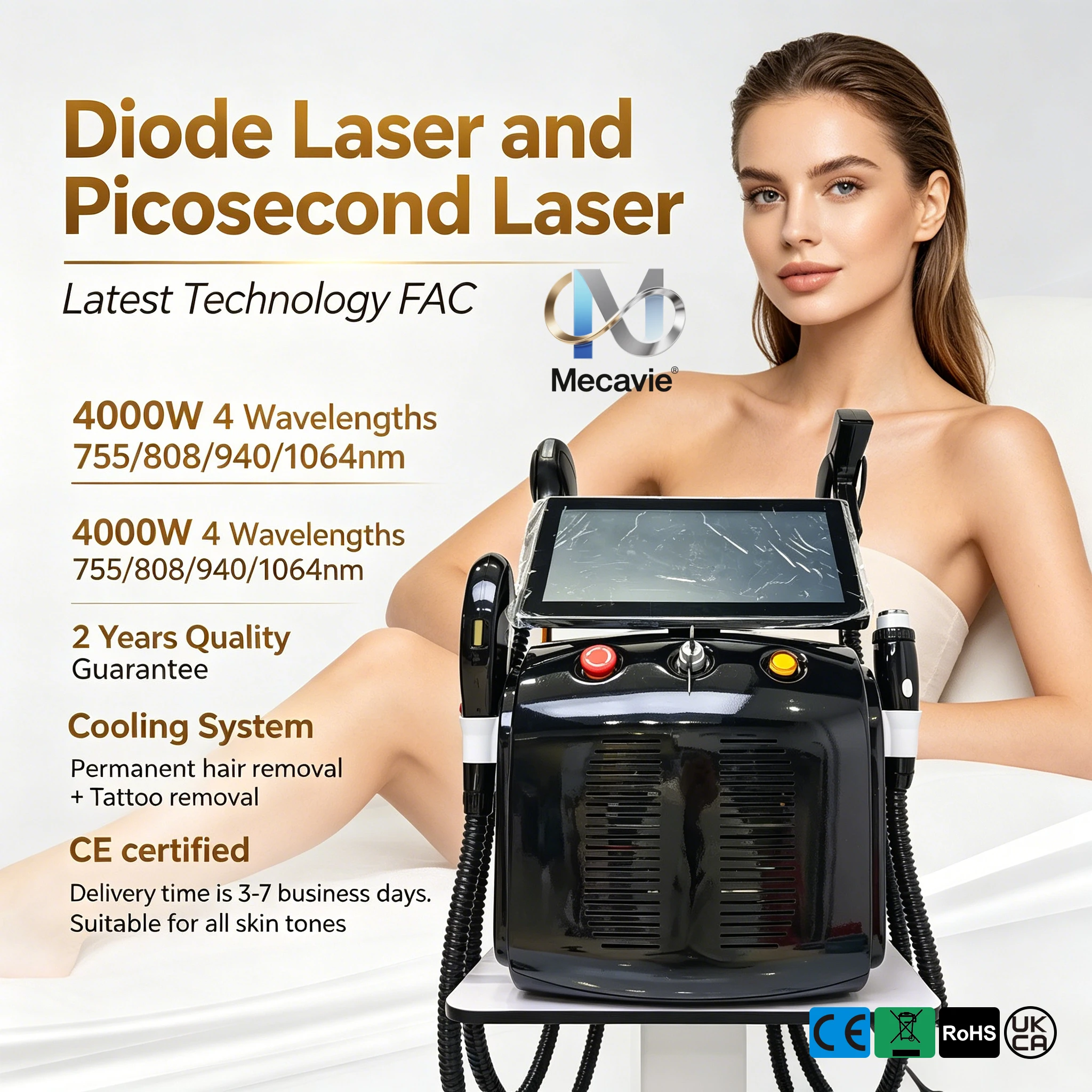 

2026 4 in 1 4000W Titanium Ice Laser Hair Removal Machine 755 808 940 1064nm Diode Body Hair Removal with 4 Wavelength Options