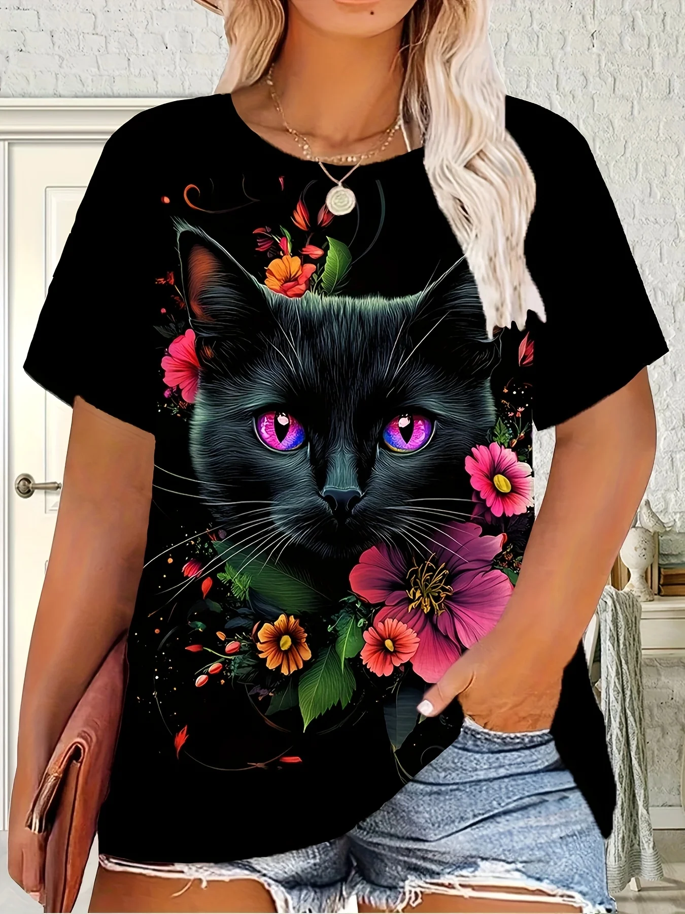 

Women's Plus Size Short Sleeve Floral Print Cat T-shirt Summer Round Neck T-shirt Cartoon Design Soft and Comfortable Material