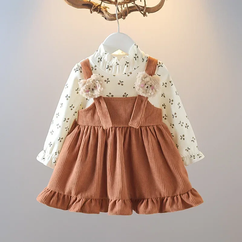 (Girls 0-3 Years Old) New Fall New Girls Dress Fake Two Upper Body Knitwear Suspenders Corduroy Floral Bear Fluffy Lace Pleats