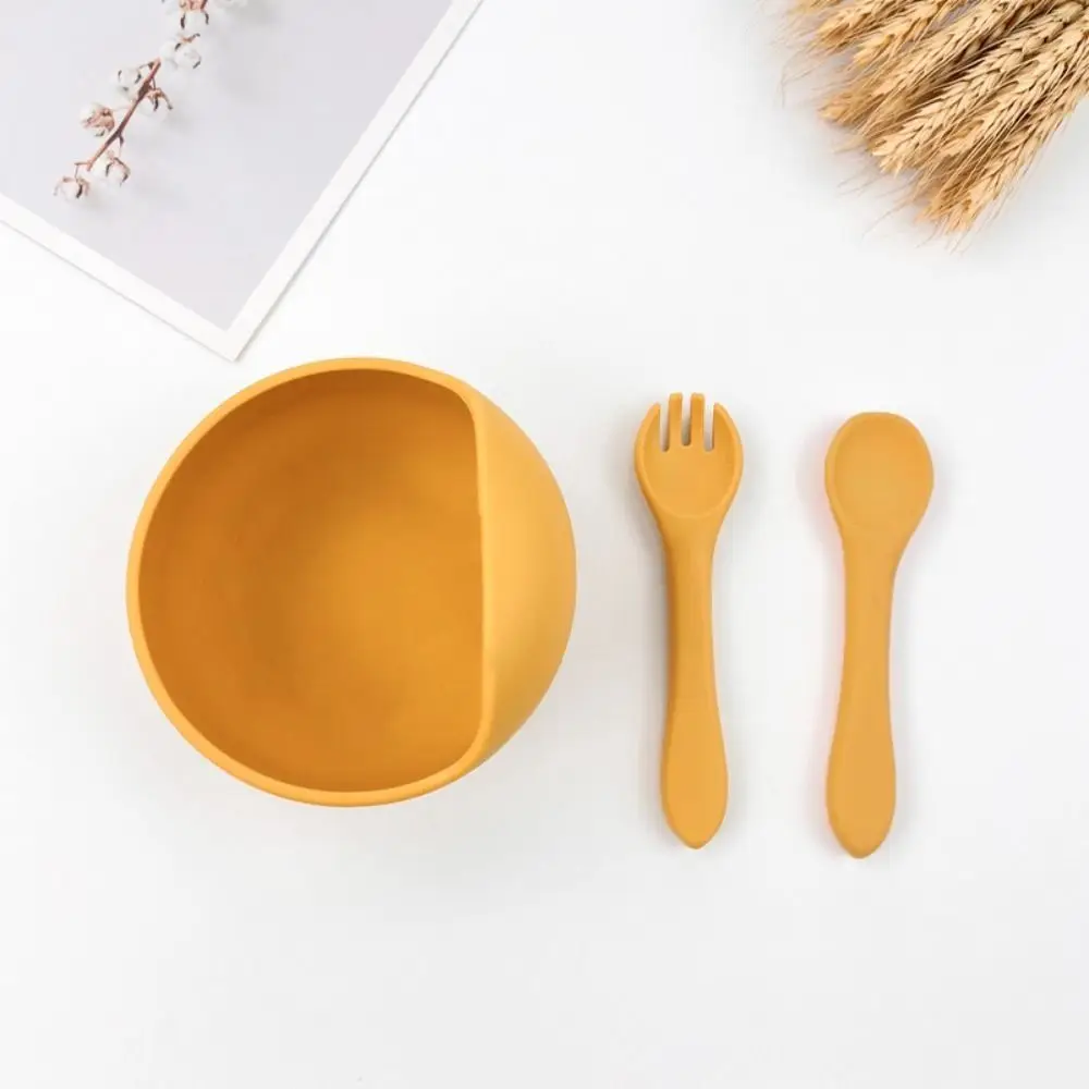 3Pcs/Set BPA Free Silicone Sucker Bowl Non-Slip with Spoon Fork Baby Feeding Tableware Drop-proof Auxiliary Food