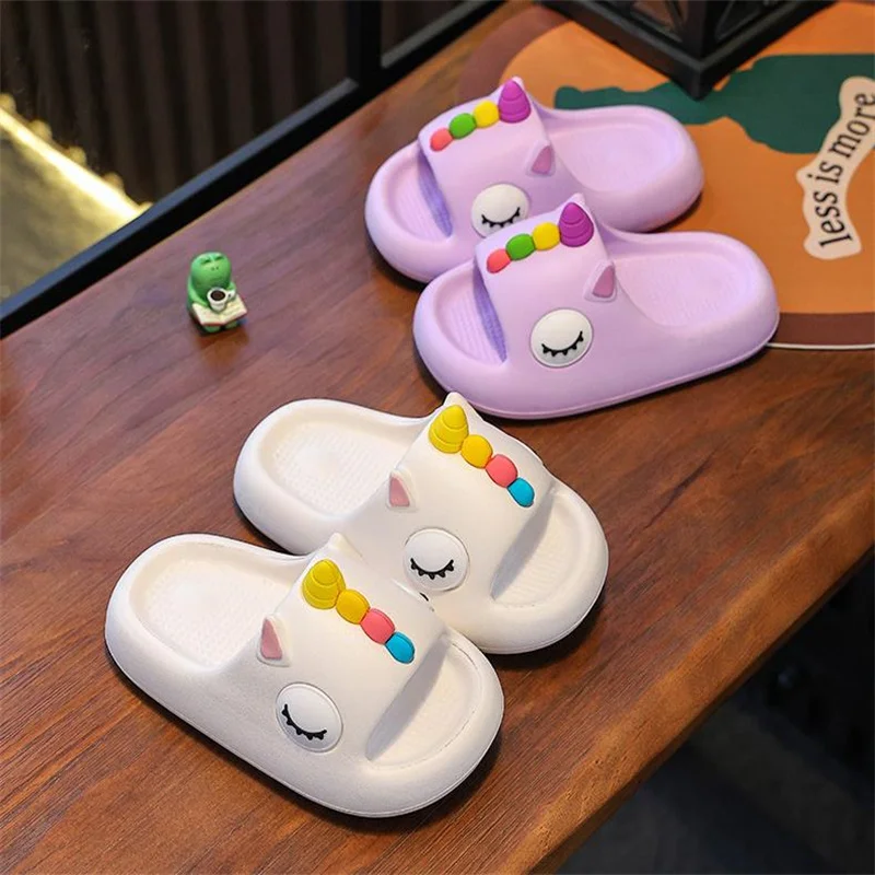 Summer Kids Home Shoes Flip Flops Baby Girls Slippers for Children Cartoon Unicorn Bathroom Antislip Thick Sole Slides 2-8 Years