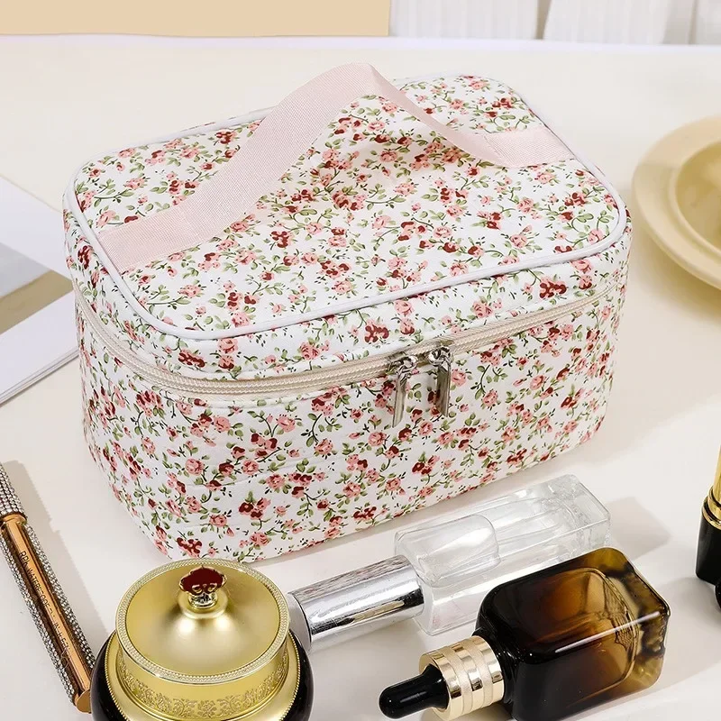 Women Cotton Makeup Bags Vintage Cosmetic Case Flower Large Capacity Tote Portable Cosmetic Storage Handbag Travel Organizer Bag