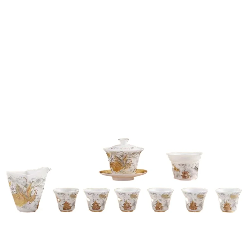 Suet Jade Ice Jade Porcelain Tea Set Household Ceramic Kung Fu Tea Set Chinese Cover Bowl Teacup Complete Gift Box