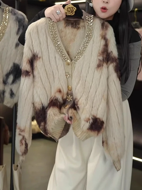 

Корейский свитер-кардиган с V-образным вырезом, украшенный стразами, вязаный, мягкий, уютный, женский, весенний, новый, модный, для повседневной носки