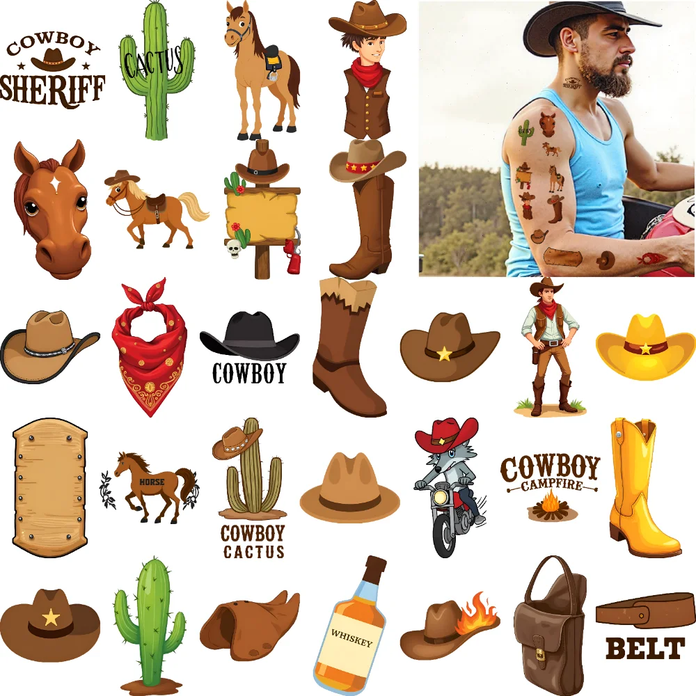 

63 шт., временные татуировки, костер, водонепроницаемые долговечные наклейки на тело, бандана, Лассо, мультфильм, западный ковбойский ковбойский сапог
