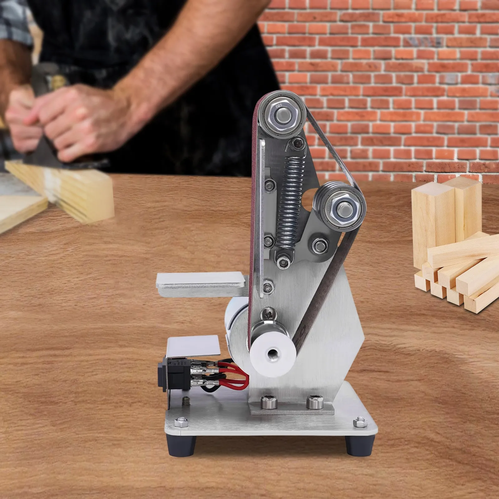 Mini Kit de ponceuse à bande électrique avec 10 bandes abrasives, meuleuse de bureau compacte et puissante pour l'affûtage de polissage du bois/métal/bricolage