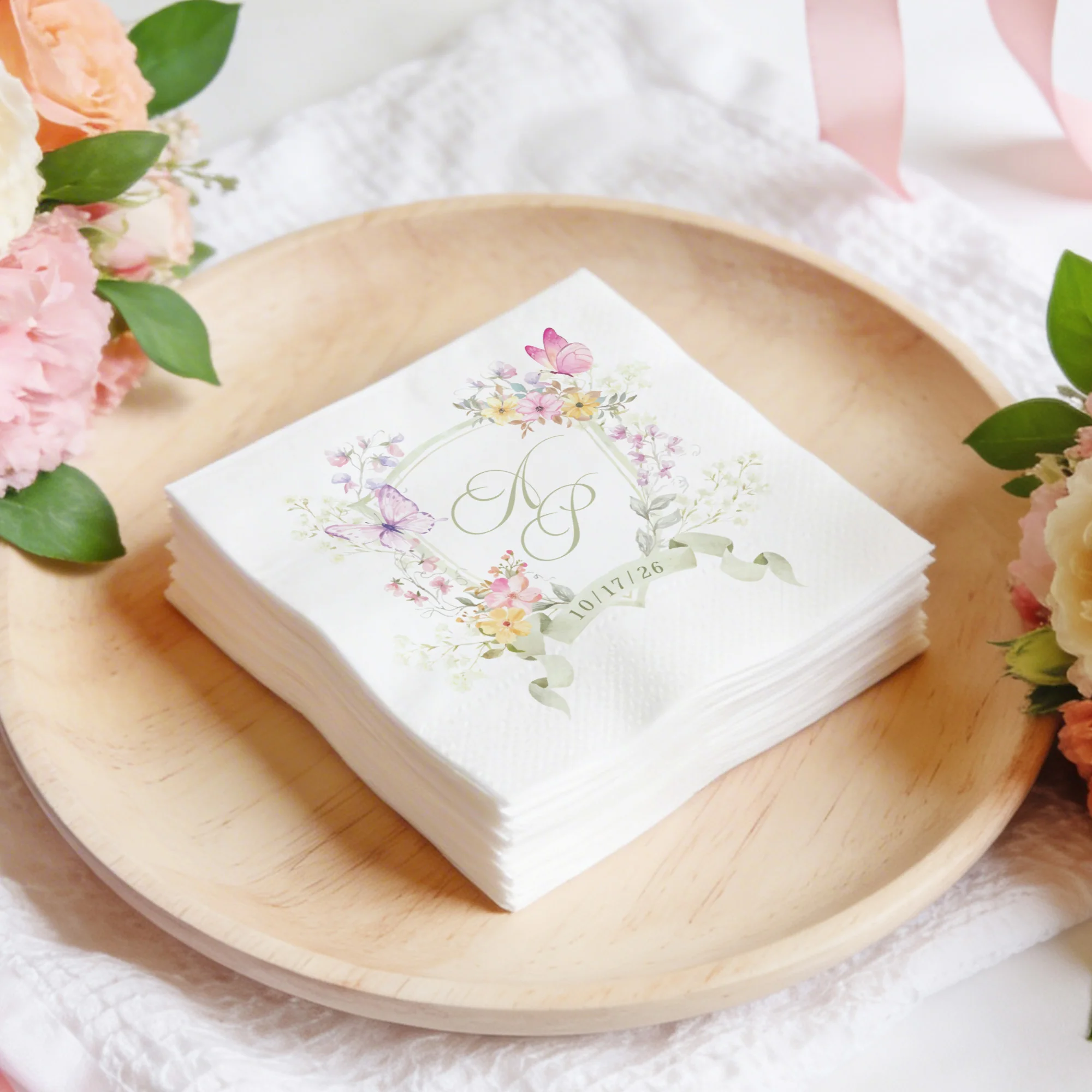 Personalisierte Servietten, 3-lagige, individuell gestaltete Cocktail-Servietten, Blumenmuster, Einweg-Papierservietten für Hochzeiten, Jubiläen und Brautpartys. – Detail 6