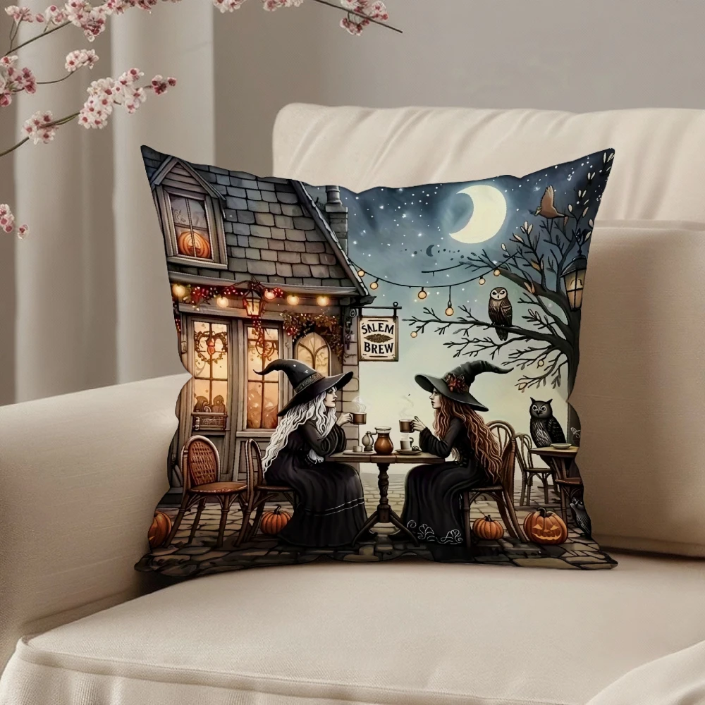 Square Throw Pillow Case Multicolor Halloween Witches Drinking At Salem Brew Pub Moonlit Night Scene For Living Room Sofa Bedroo