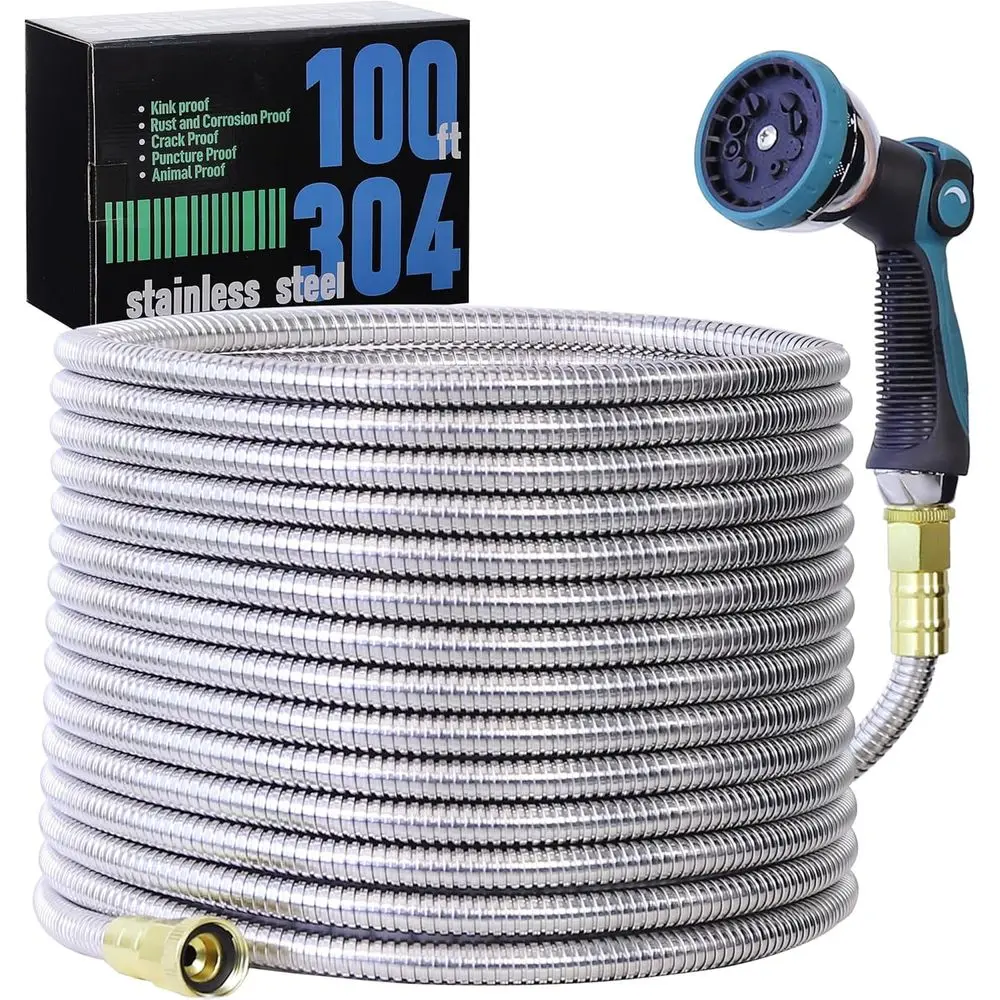 

Flexible 100-Foot Stainless Steel Garden Hose with 10-Pattern Nozzle, Lightweight, Kink-Free, Puncture-Resistant for Yard and Ou