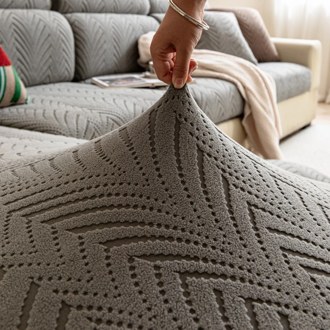 Shape of Leaves Jacquard Thicken Polar Fleece Sofa Cover, Stretchy Slipcover, Elastic Couch Seat Cover for Living Room Decor