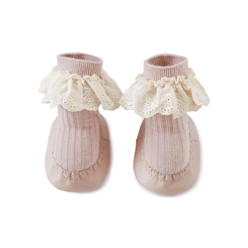 Baby Girls Ruffle Socks With Rubber Soles Infant Sock Newborn Autumn Children Floor Lace Flowers Shoes Anti Slip Soft Sole Sock