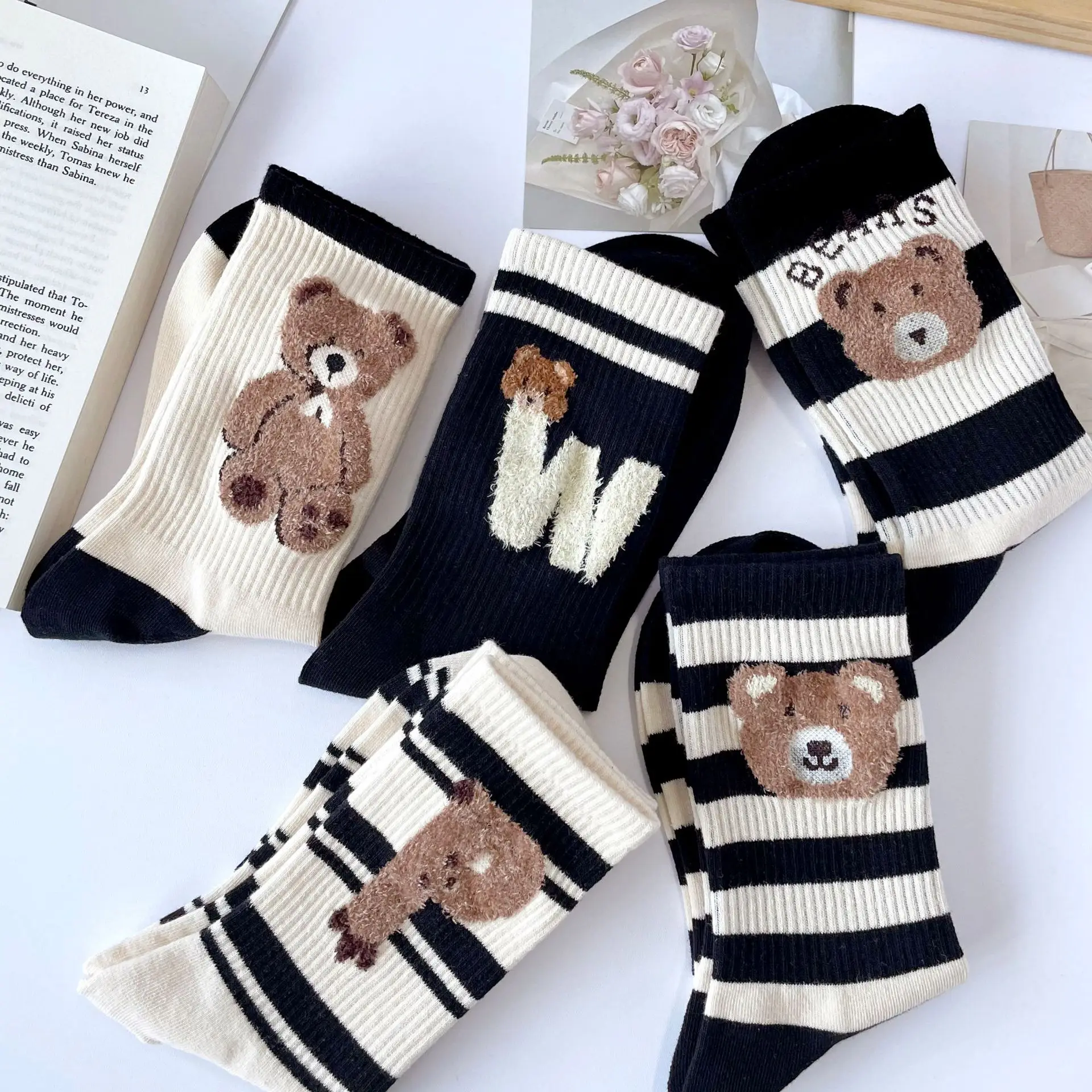 5 Pairs Japanese Striped Bear Cotton Socks Sweet Kawaii Soft Comfort Wear For Girls Daily Nice Casual Matching Foot Accessory