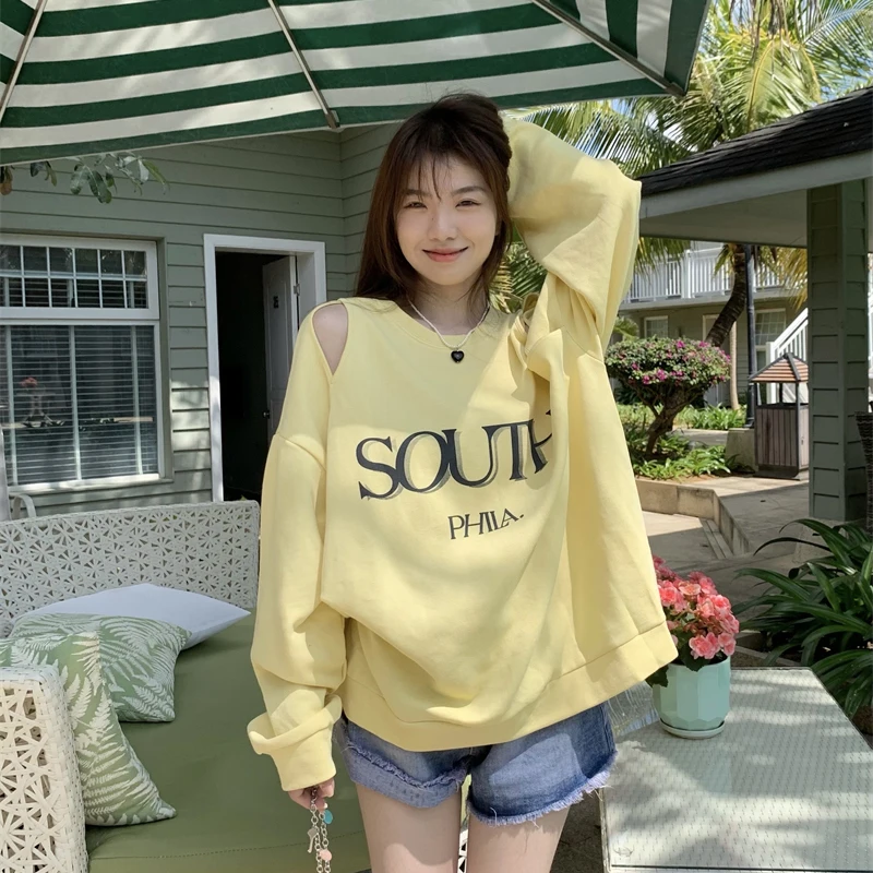 

2022 Spring and Autumn New Strapless Round Neck Women's Sweatshirt Woman Thin Korean Style Loose Print Trendy Ins Pull Femme